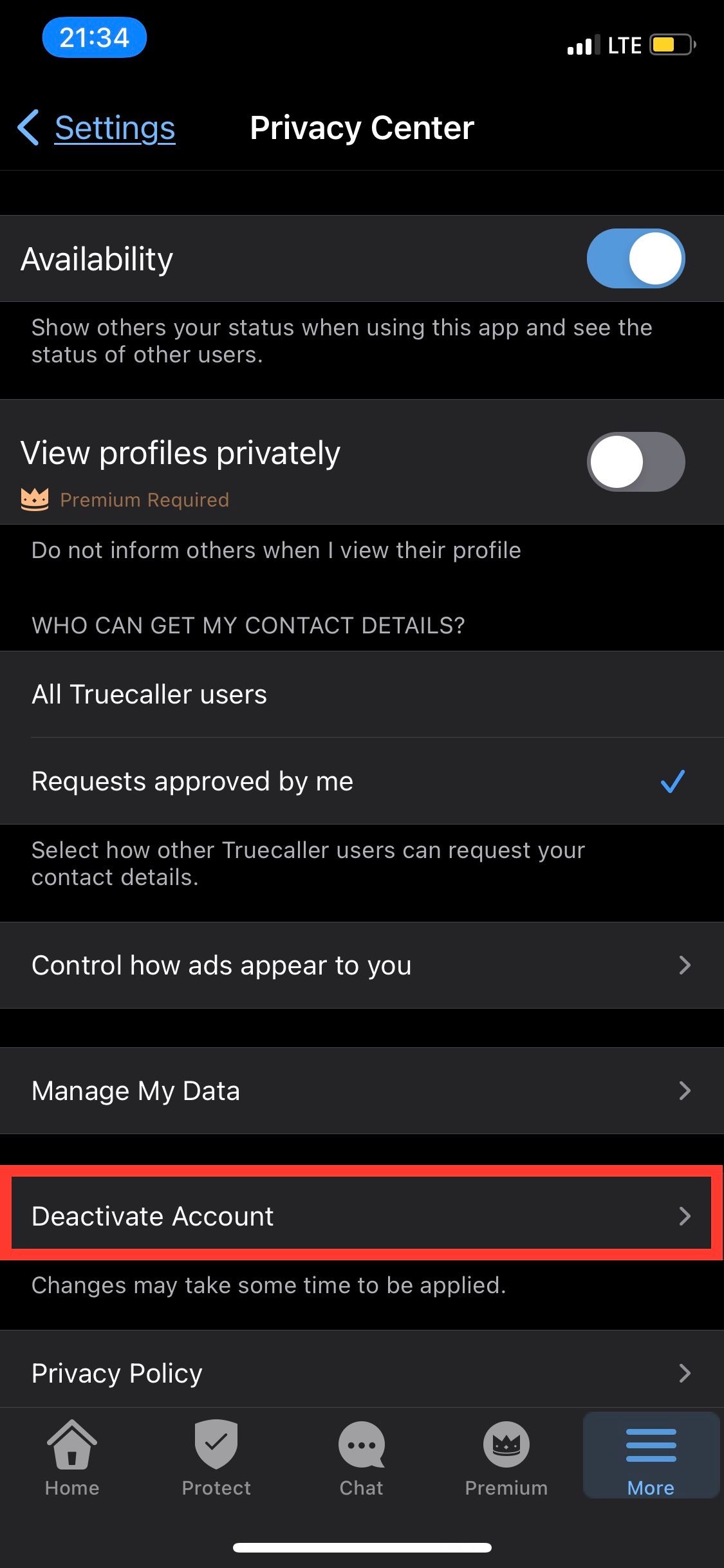 Truecaller app screenshot with the Deactivate row highlighted