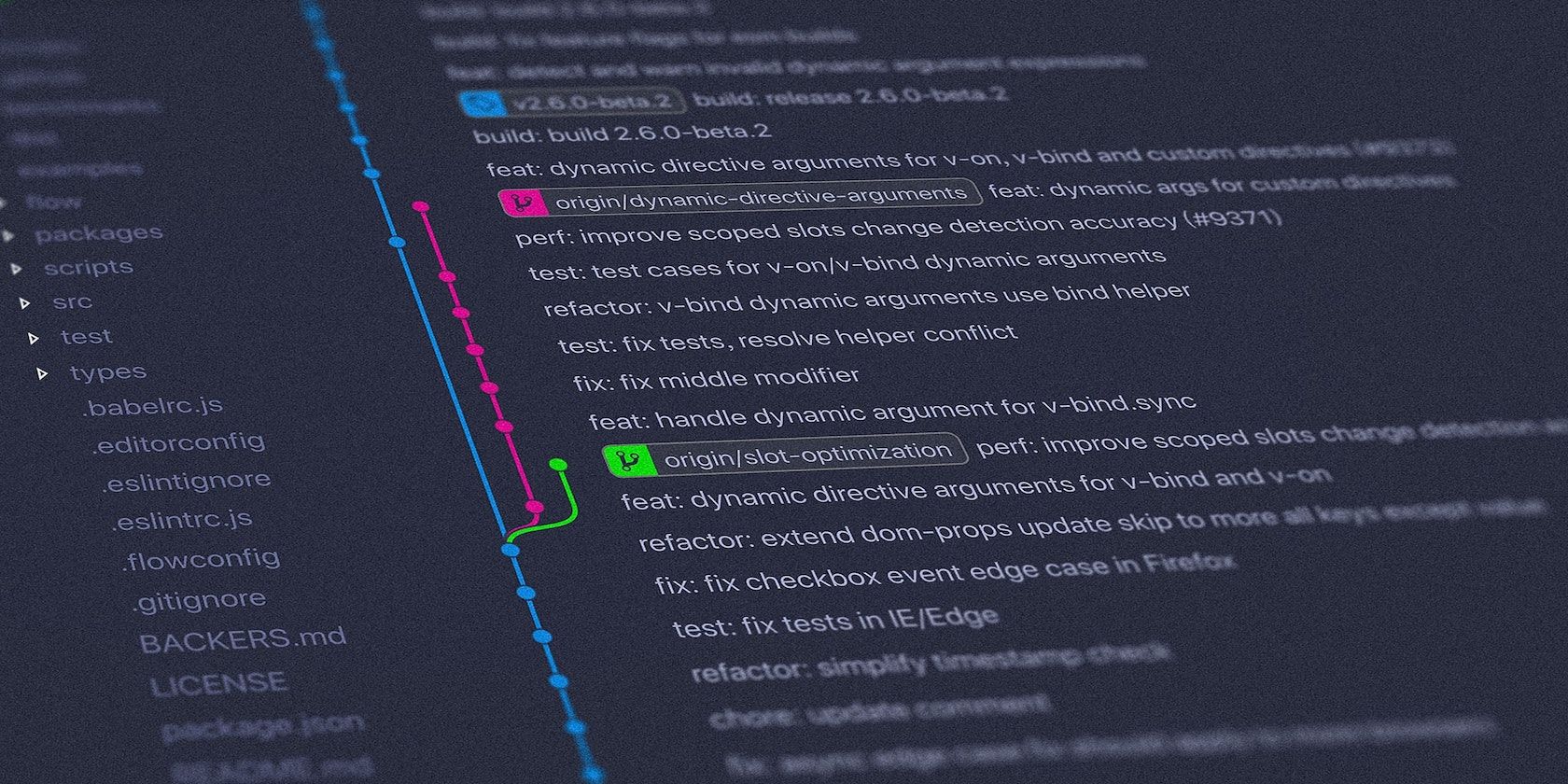 A user interface showing line-by-line git history alongside color-coded branches