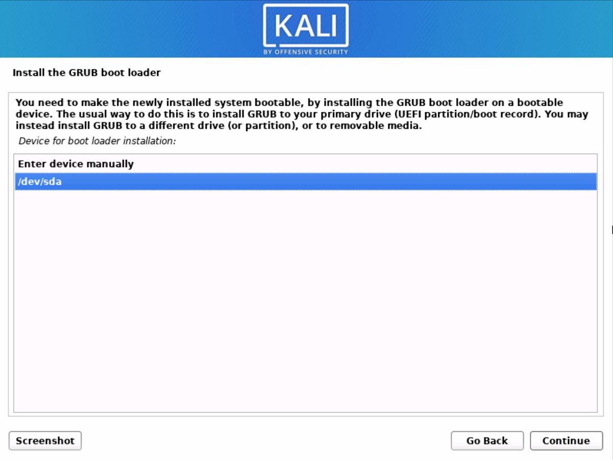 Install GRUB boot loader in Kali VMware