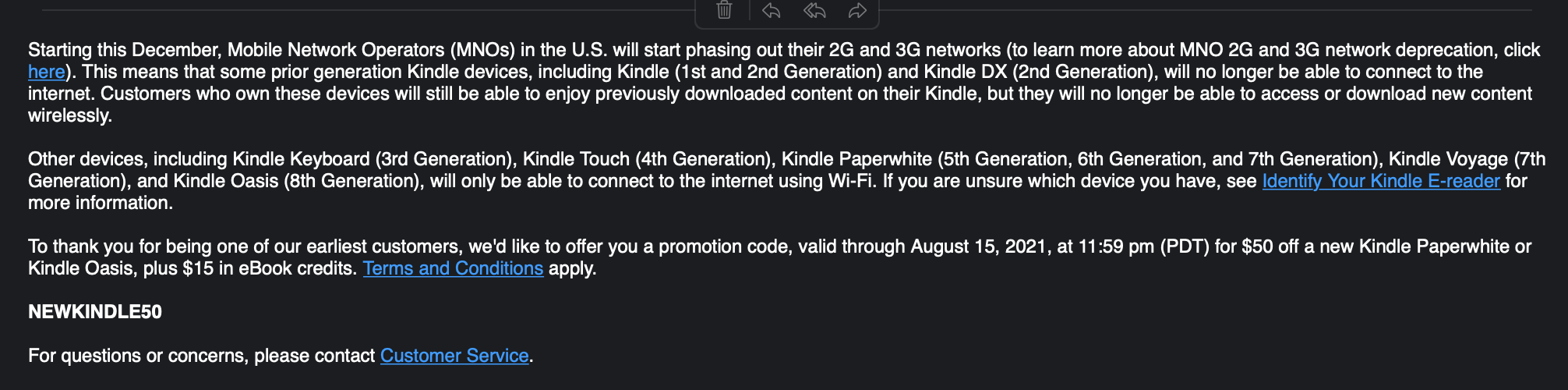 Screenshot of the email Amazon sent to old Kindle owners.