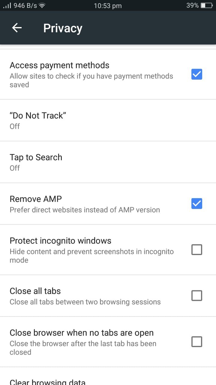 Kiwi Browser - Privacy Settings Menu - Remove AMP