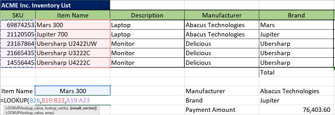 Lookup Excel inventory formula sample