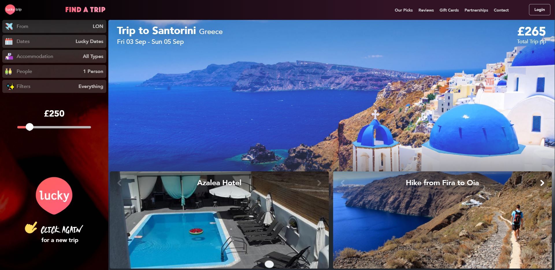 LuckyTrip Santorini Destination Description Screen Grab