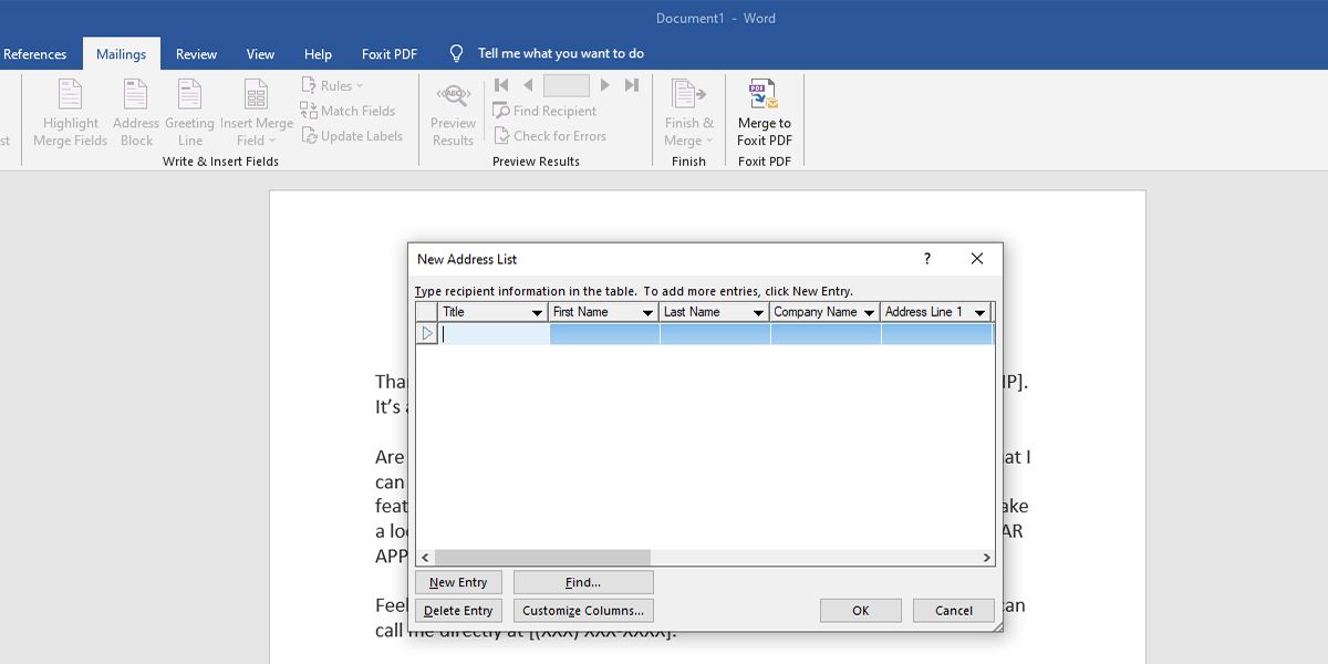 Example of mail merge manual data source