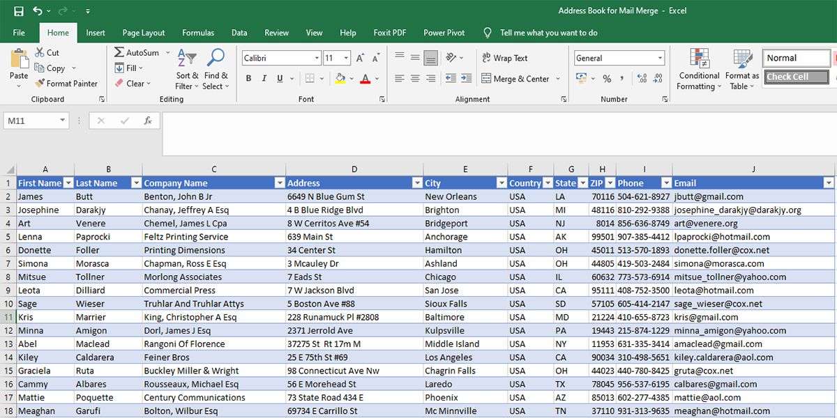 Example of mail merge Excel data source