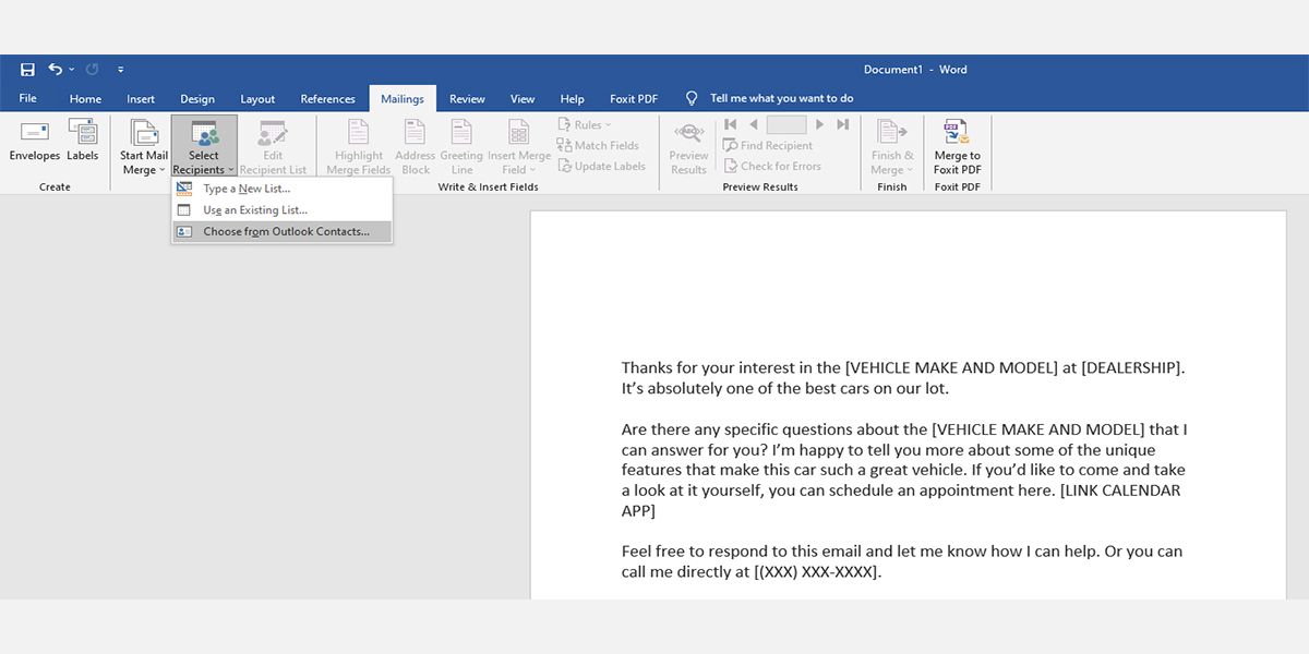 Illustration of Outlook as mail merge data source