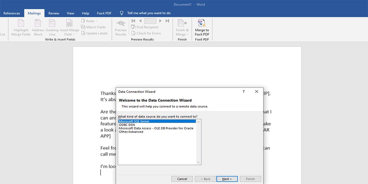 Display of MS SQL server as mail merge data source