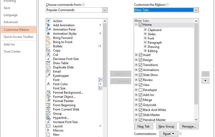  Mains Tab in the Customize Ribbon in PowerPoint