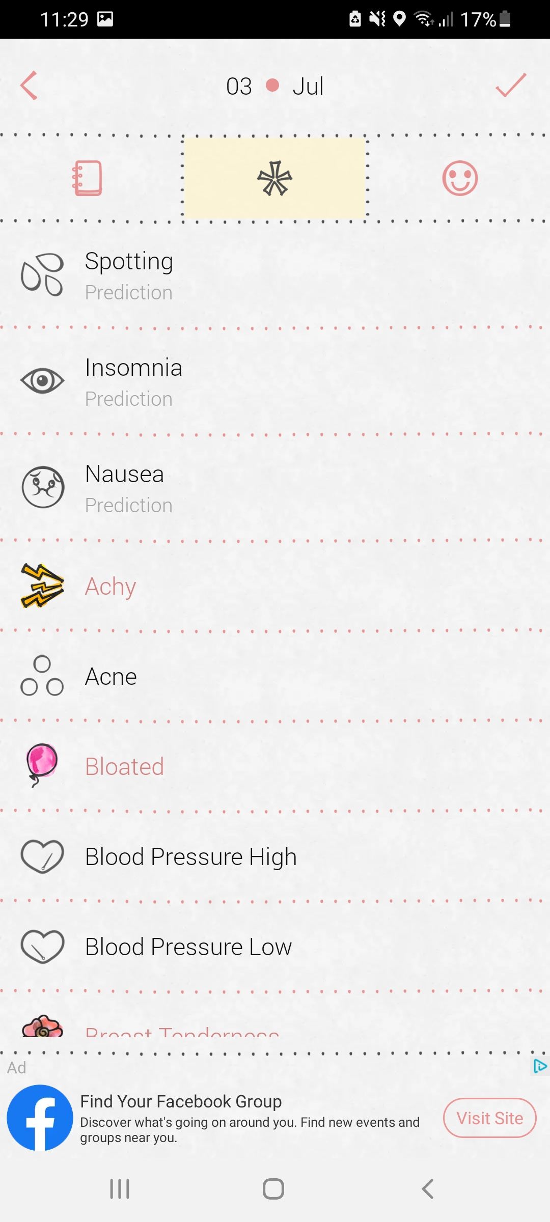 May period tracking app symptoms page