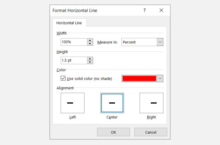 Format Horizontal Line dialog box in Word