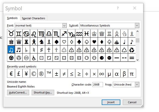 Symbols window with Miscellaneous symbols and insert options 