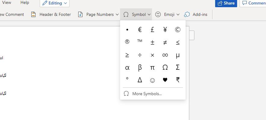 symbols dropdown menu