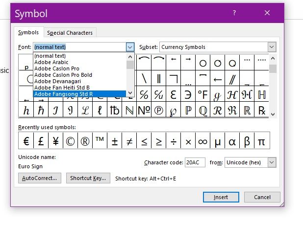 Symbols window with fonts drop-down menu