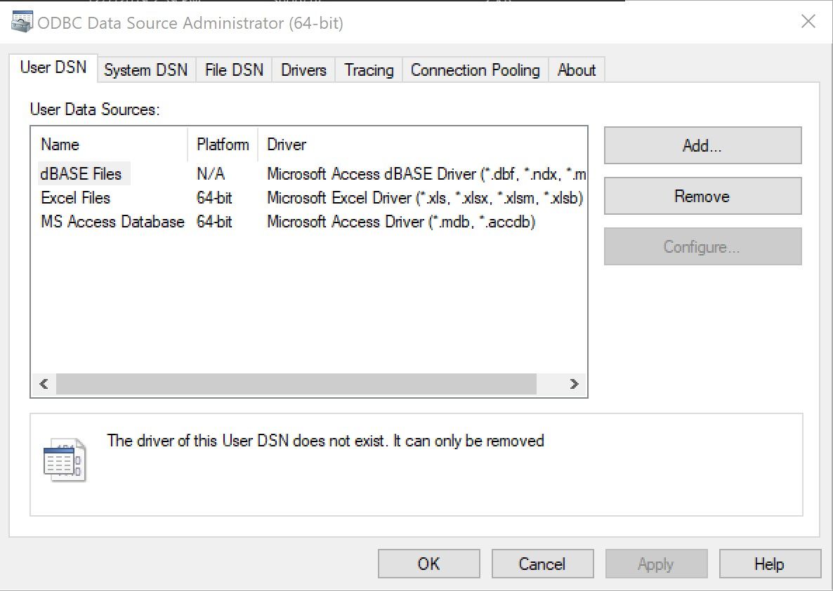 Computer's ODBC dialog box