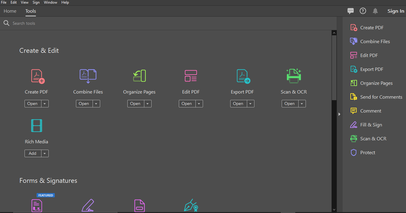 tools window with create and edit panels