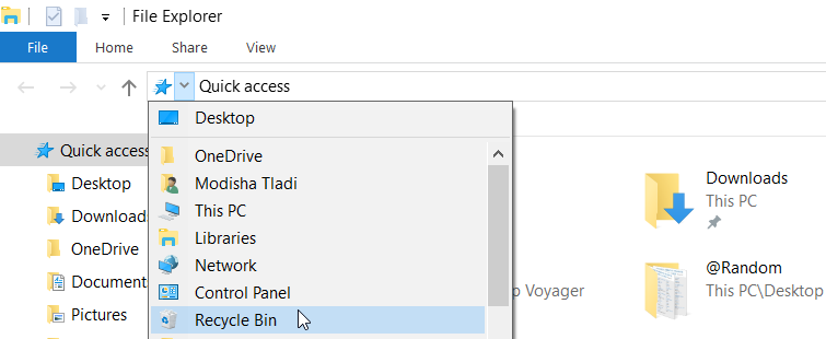 Opening the Recycle Bin Using the Address Bar in File Explorer