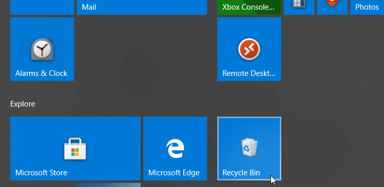 Opening the Recycle Bin Using the Icon in the Start Menu