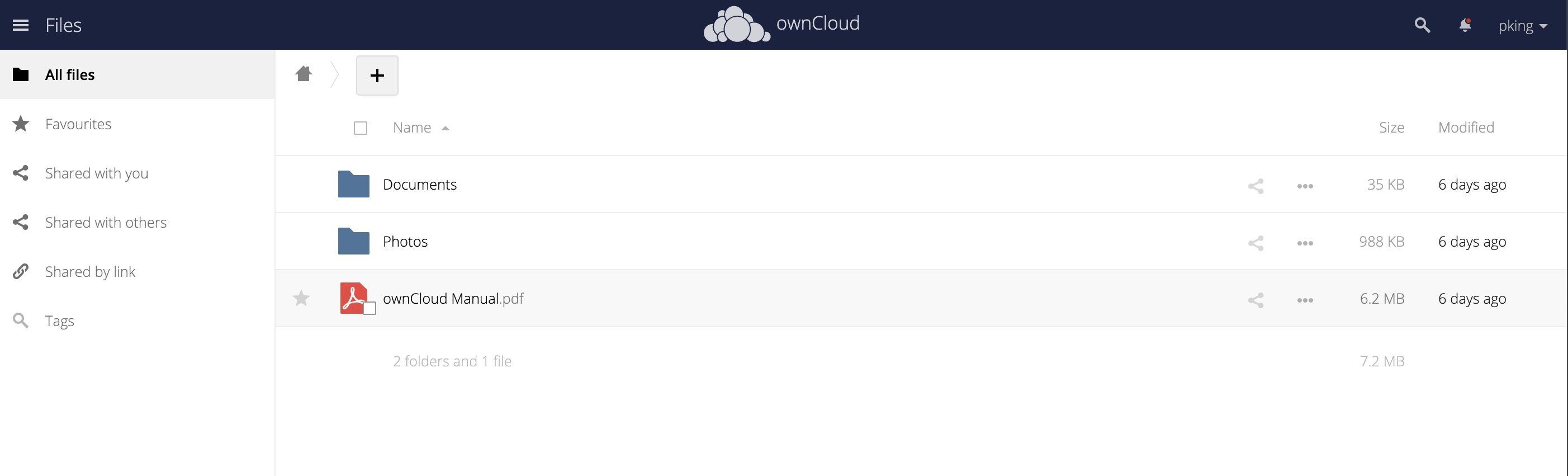 ownCloud server dashboard