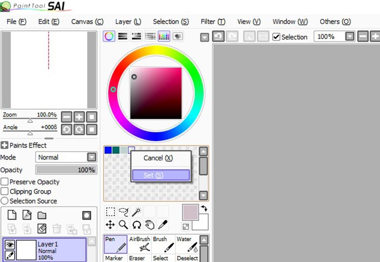 PaintTool SAI setting colors in swatches 