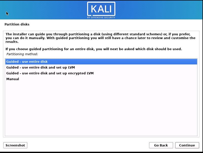 Partition the disks to finish Kali installation