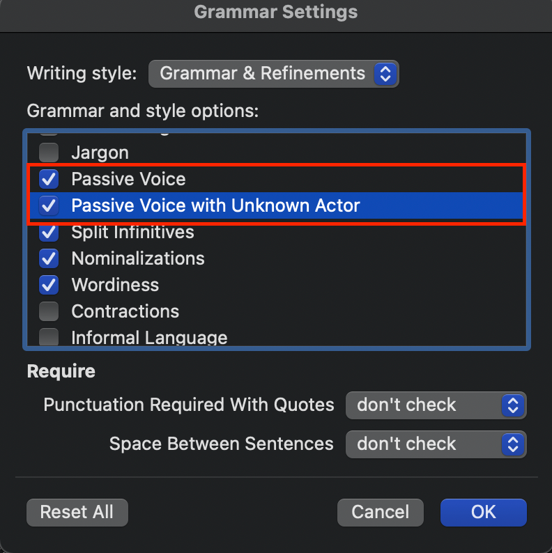 word 2016 for mac passive voice