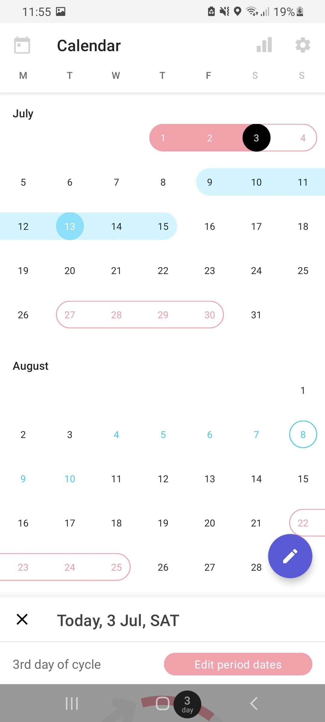 Clover free period tracking app calendar screen