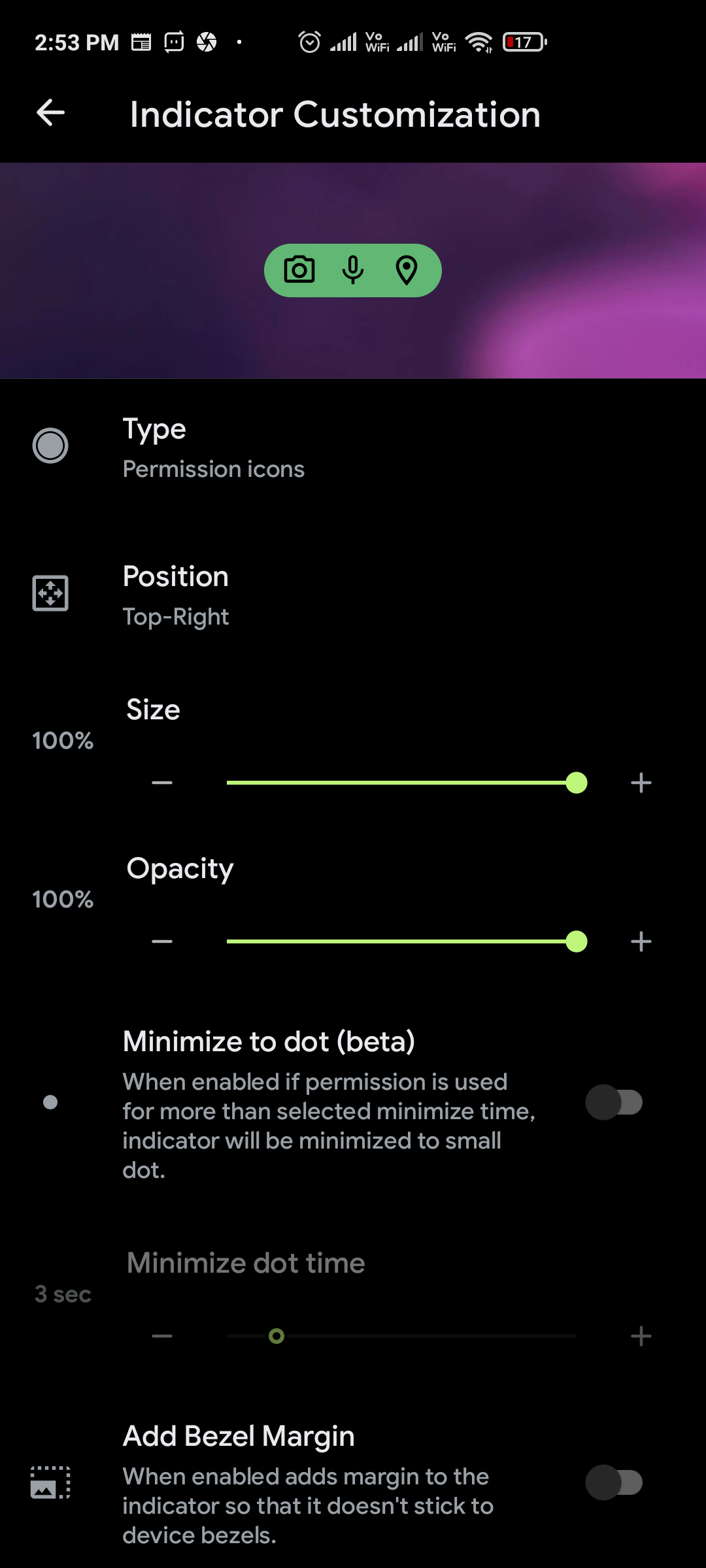 Indicator customization settings in Privacy Dashboard app