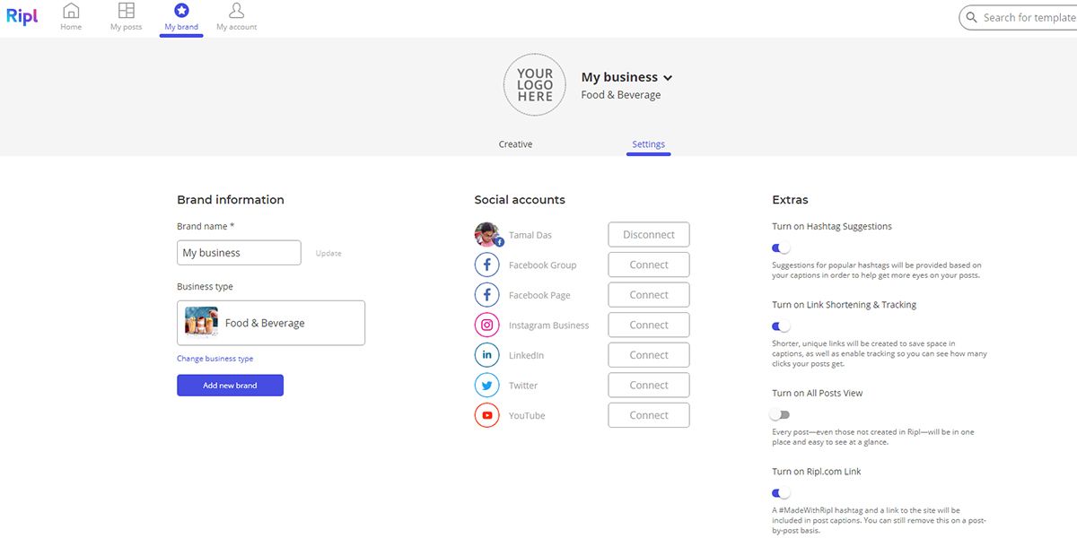 Image showing of My Brand Settings tab of Ripl