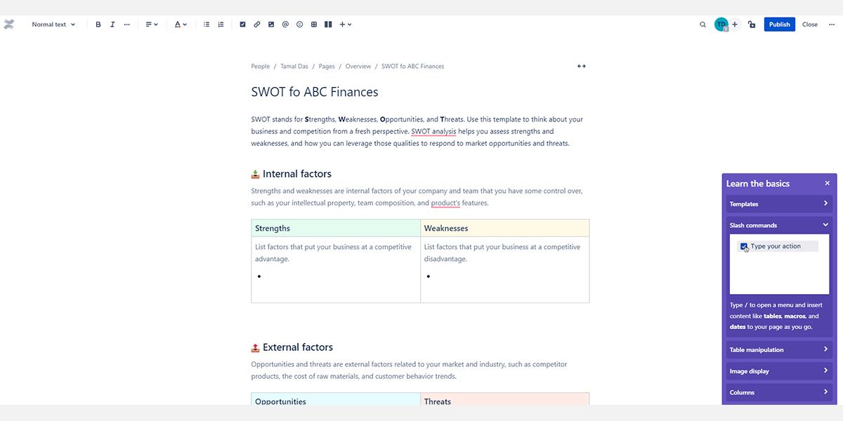 Display of Confluence SWOT analysis template editing