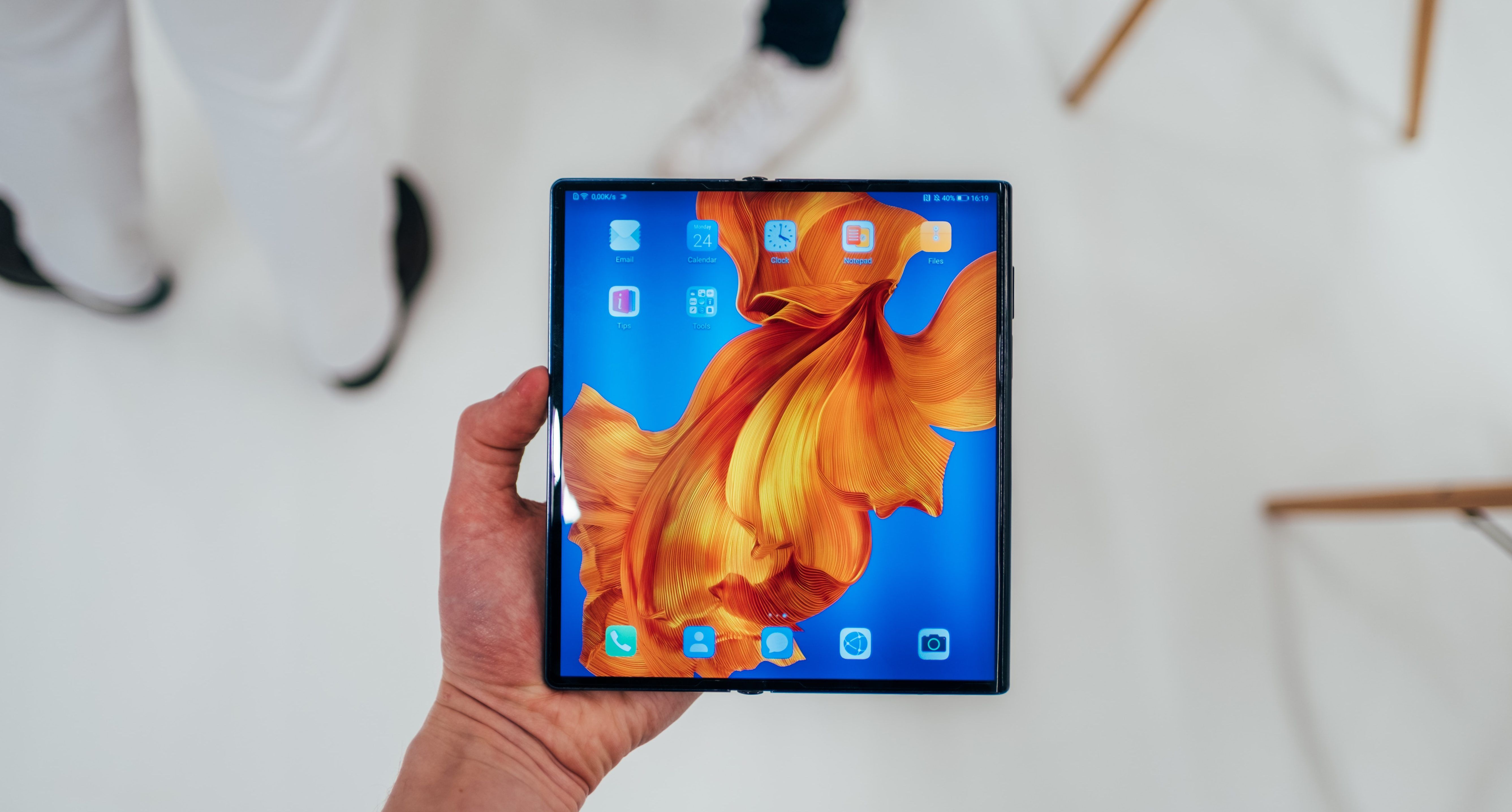 A close-up of the Samsung Galaxy Fold, similar to reports on Apple's folding iPhone.