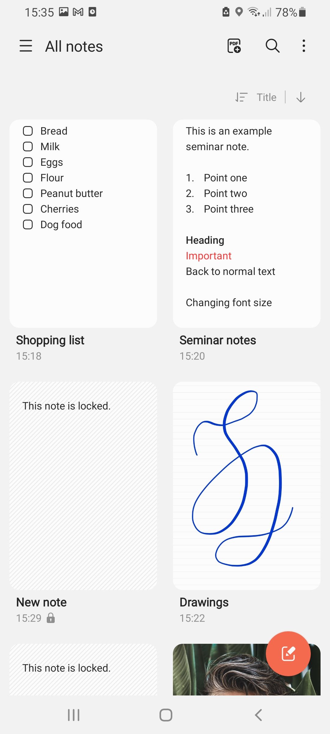 What does a locked note look like in Samsung Notes