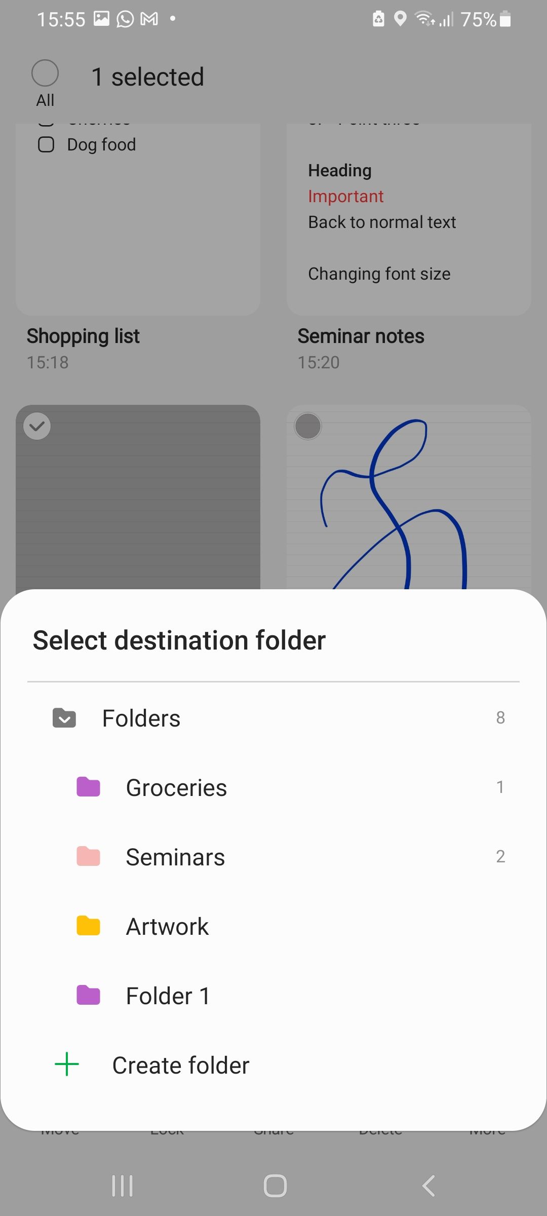 Move note to a folder in samsung notes
