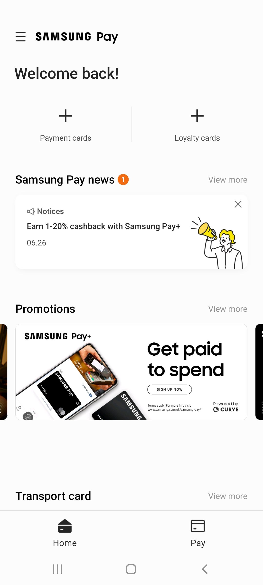 Samsung Pay Screen هیچ کارتی اضافه نشده است