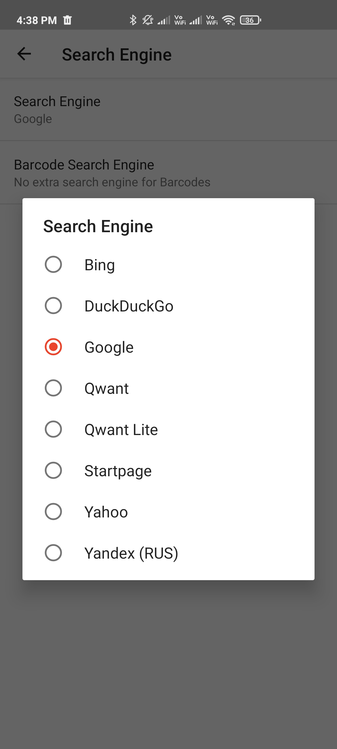 Select search engine in SecScanQR home page