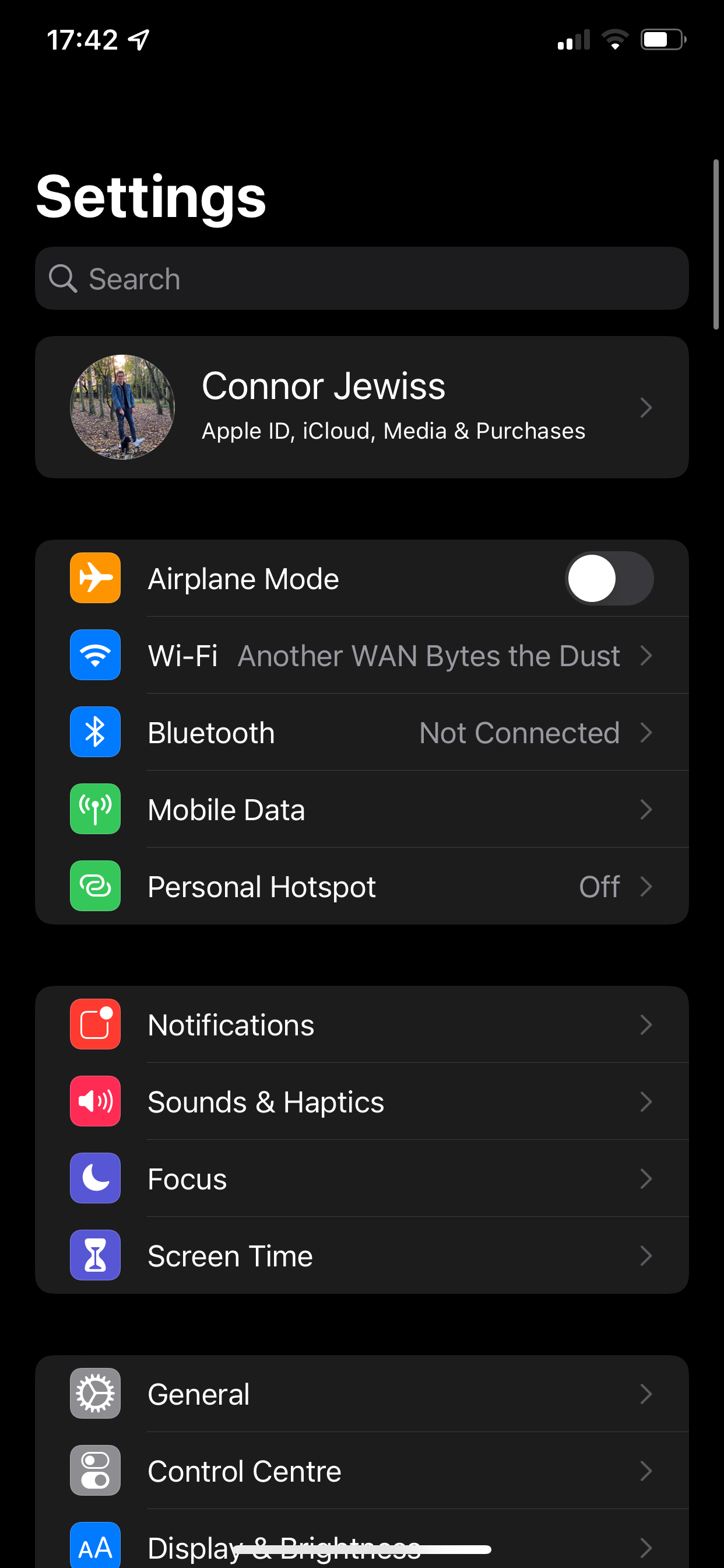 Screenshot of the Settings app on iOS.