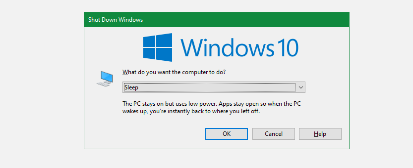 خاموش کردن Sleep Windows Dialog Box