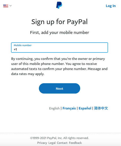 Screenshot of signing up to PayPal