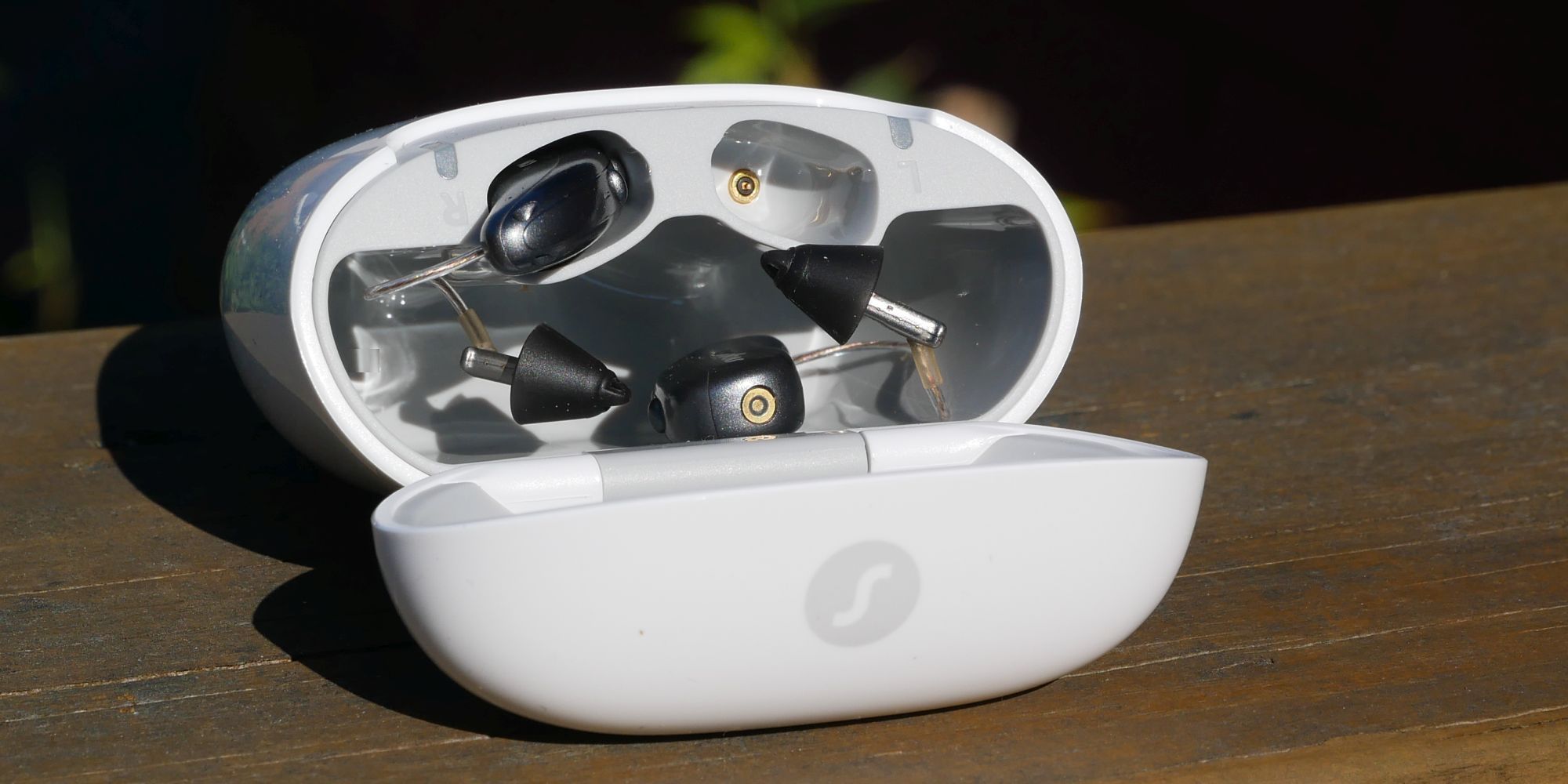 Signia Pure Charge&amp;Go AX hearing aids in portable charging case.