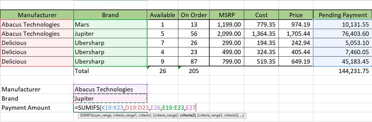 Sumifs Excel inventory formula sample