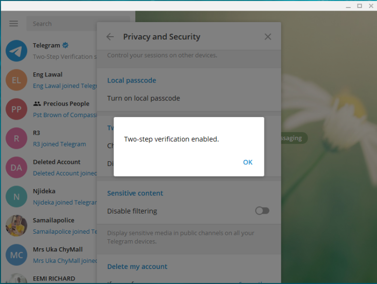 Telegram 2SV Verification enabled 1 - Come abilitare la verifica in due passaggi in Telegram