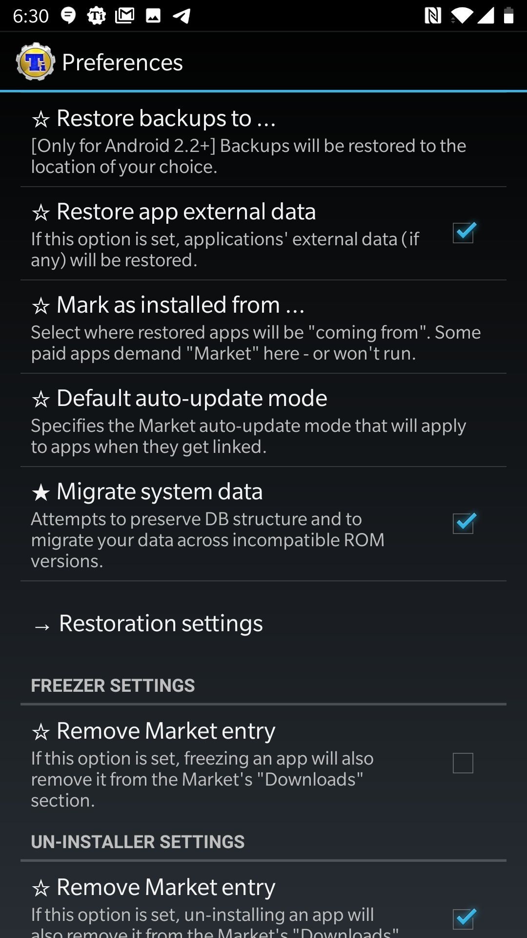 Restore app and data menu