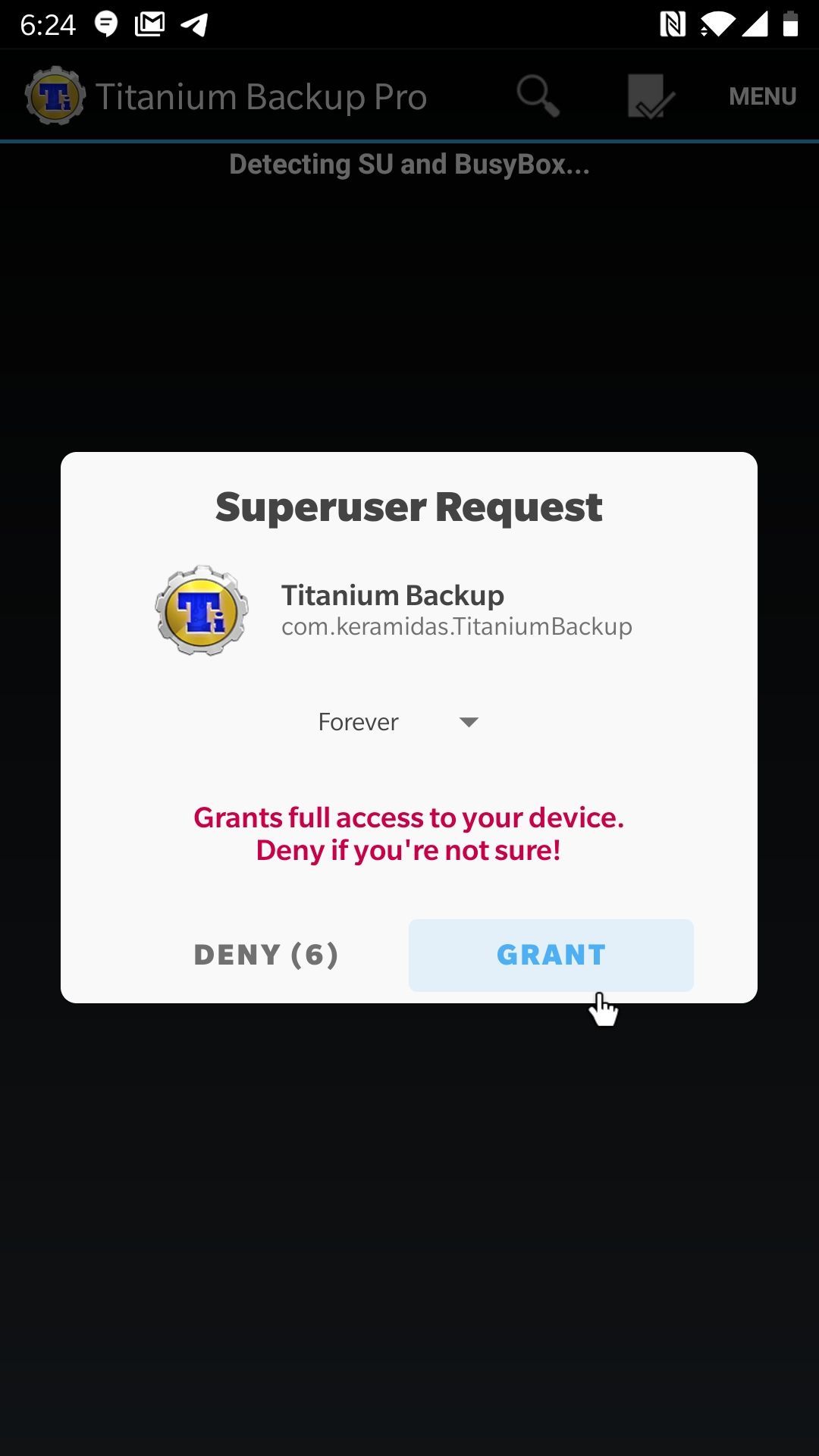 Titanium backup root request screenshot