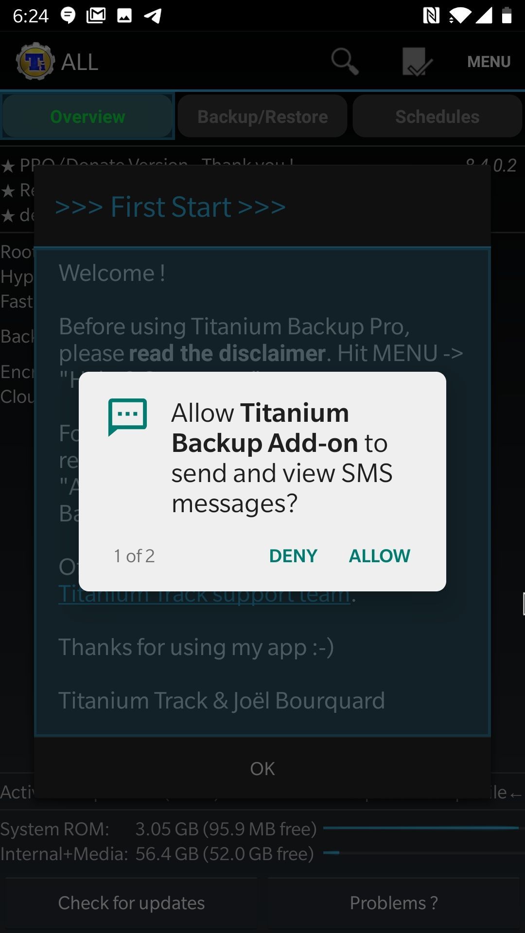 Titanium backup sms request screenshot