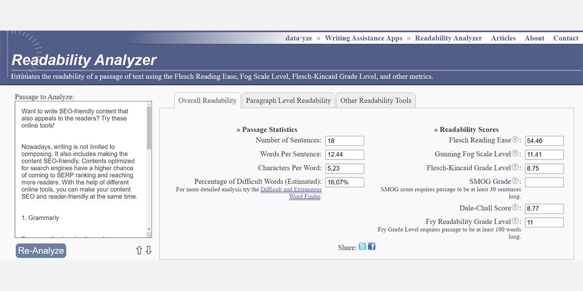 Look of the Readability Analyzer tool