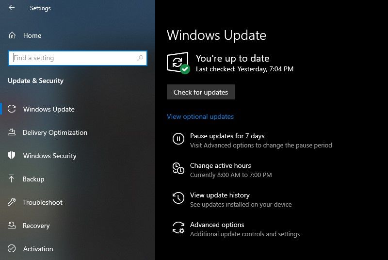 Updates Page in Windows 10 Settings Page