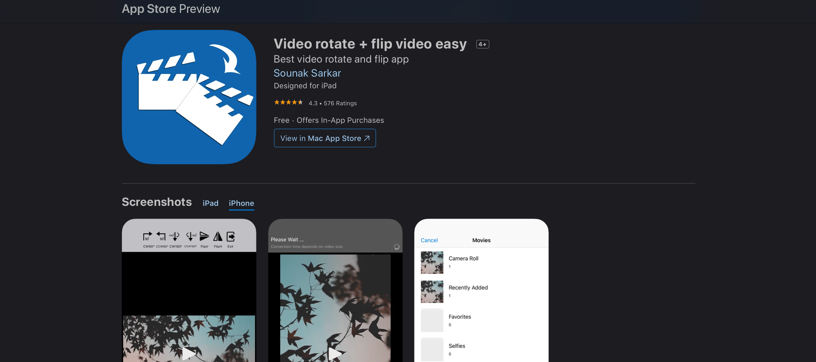 Screenshot of the Video Rotate + Flip app on the App Store.