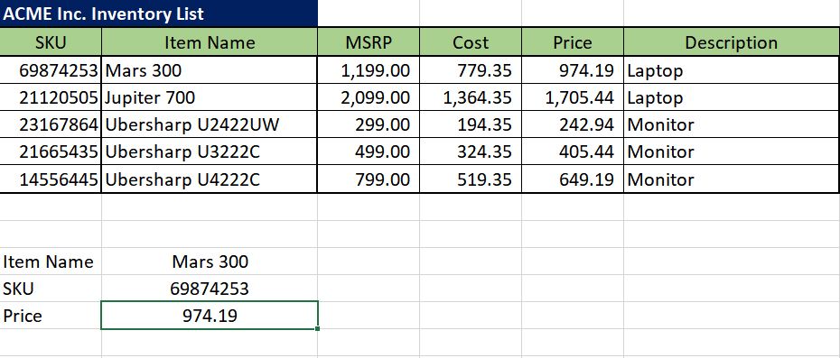 Die 7 nützlichsten Excel-Formeln für die Bestandsverwaltung - Vlookup Excel Inventory Result