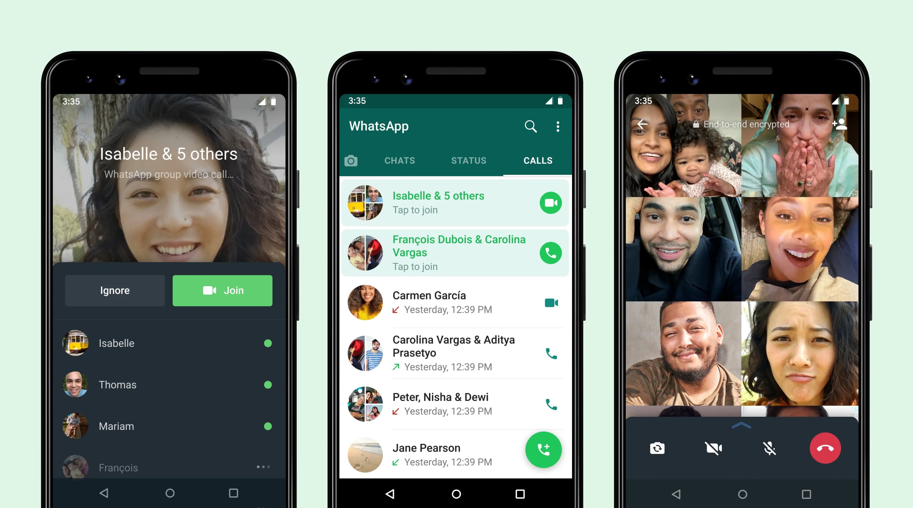 Screenshots of WhatsApp's new feature for group callers.