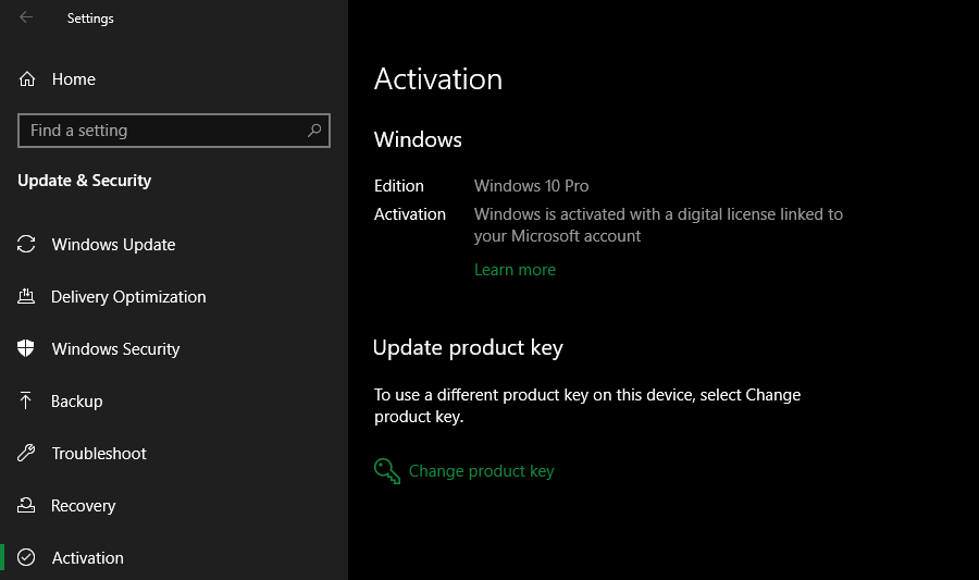 Meniul de activare Windows 10