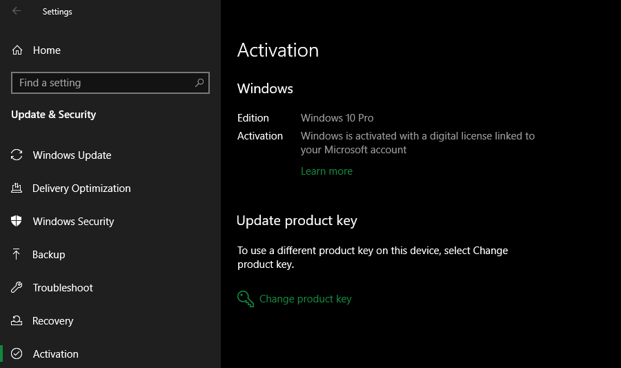 Windows 10 Activation Menu